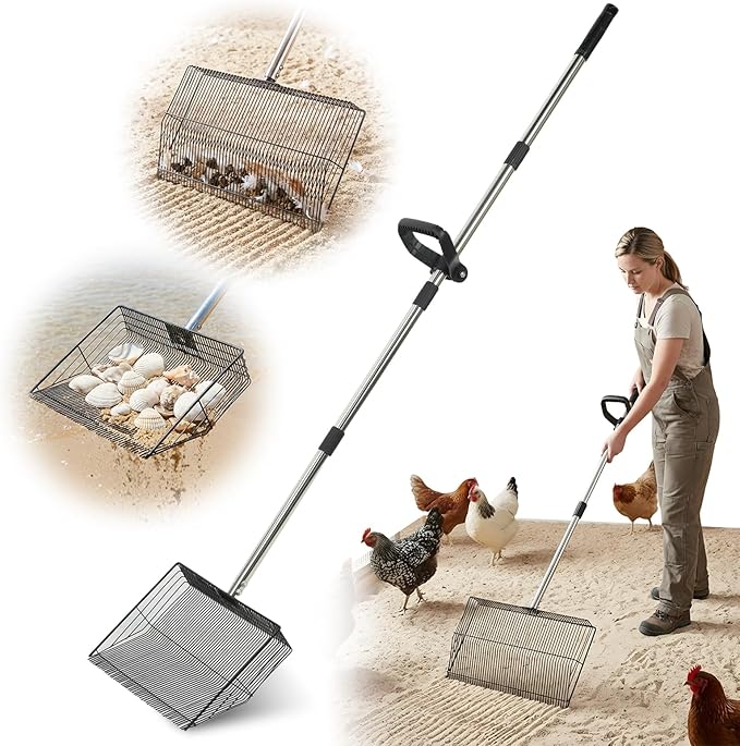 AiQInu Chicken Poop Scooper & Rake 2-in-1, Adjustable Stainless Steel 15 in Chicken Coop Scoop for Poop with 24 to 90" Long Handle, Sifting Shovel for Chicken Coop/Goat Stall/Stable Cleaning