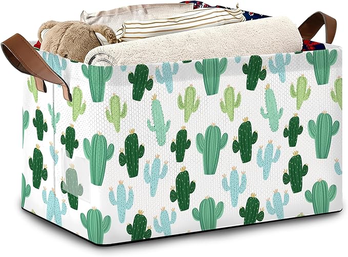 Cactus Tropical Storage Basket,Collapsible Storage Bin Cubes for Living Room Bedroom Blankets Home Storage 17x11.5x10Inch