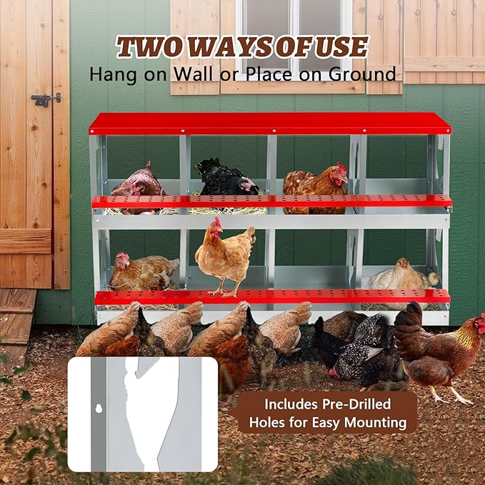 Chicken Nesting Box,Heavy Duty Metal Nest Boxes,8 Hole Roll Away Nesting Boxes,with Large Vented Holes,Wall-Mountable Chicken Coop Nesting Boxes,for Chickens,Ducks,Large Egg Boxes (Red 8 Hole)