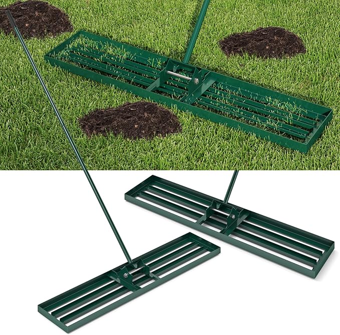 Happygrill Lawn Leveling Rake, Heavy Duty Lawn Level Tool for Soil w/67” Handle, Dirt Ground Leveler, Effort-Saving Landscape Rake for Garden, Backyard, Golf Course, Farm, Pasture (46" x 10", Green)