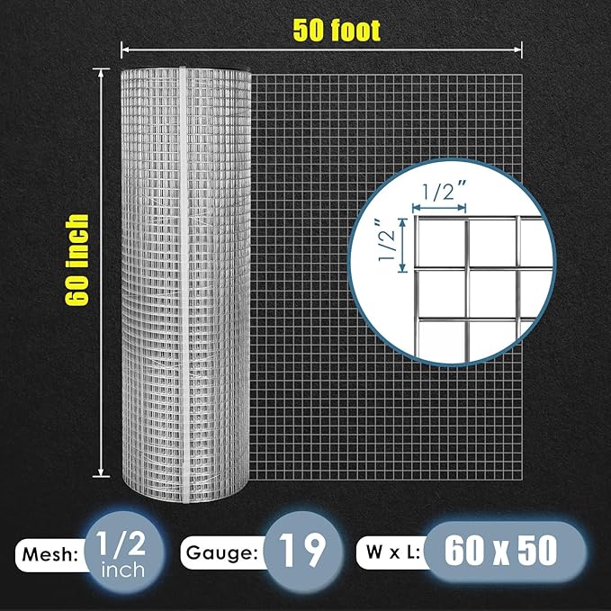 GOLDPEAK GoldPeak Hardware Cloth 60 inches x 50 Foot with 1/2 inch Mesh 19 Gauge - Chicken Wire Fence Roll Garden Fencing Galvanized Wire Mesh Roll Tree Guard Snake Fence