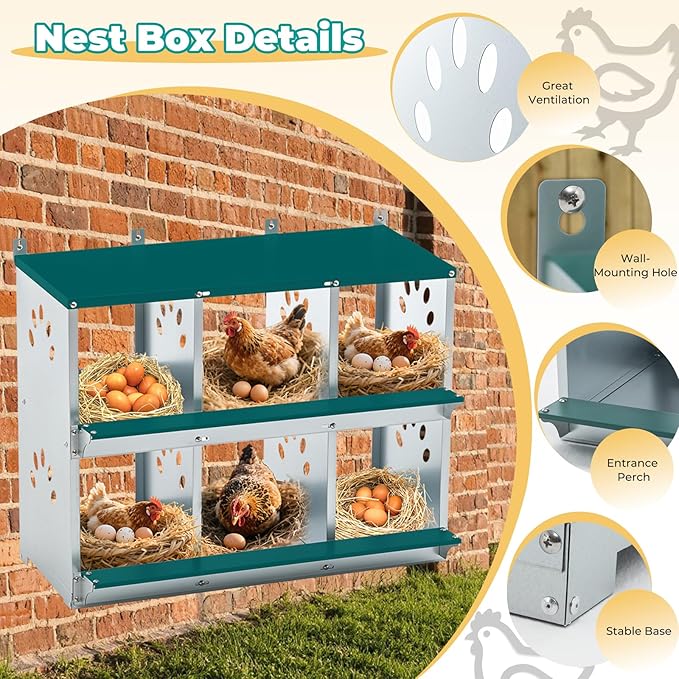 Chicken Nesting Box for Laying Eggs, Metal Chicken Laying Boxes Wall Mountable, Easy Egg Collection Roll Away Nesting Boxes, Chicken Coop Nesting Boxes for Hens, 6 Compartments