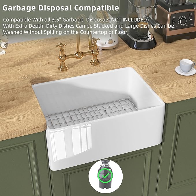 TUKTUK White Farmhouse Sink 24 X18 inch Fireclay Farm House Apron Front Undermount Small Modern Kitchen Sink Single Bowl for Bar and RV Luxury Bottom Grid & Strainer