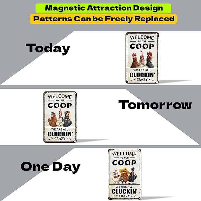 DIY Magnetic Attraction Design,Funny Chicken Tin Sign | chicken decor | Farmhouse Wall Decor, Rooster Kitchen & Bathroom Art,Metal Signs,Funny Gifts,8 * 12 Inch (Grayish Yellow)