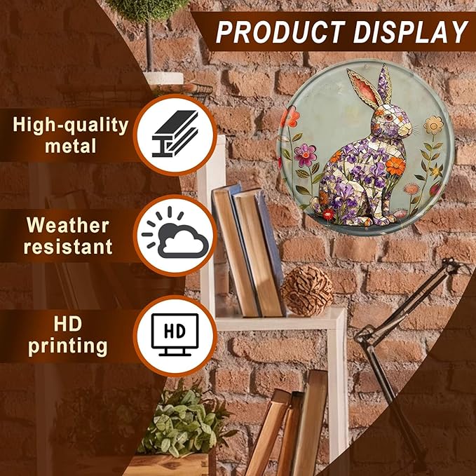 Rabbit Round Metal Tin Sign Wreath Farm Flowers Rustic Vintage Wall Art Decor for Home Garden Porch Yard Farmhouse Outdoor Decor 12x12inch