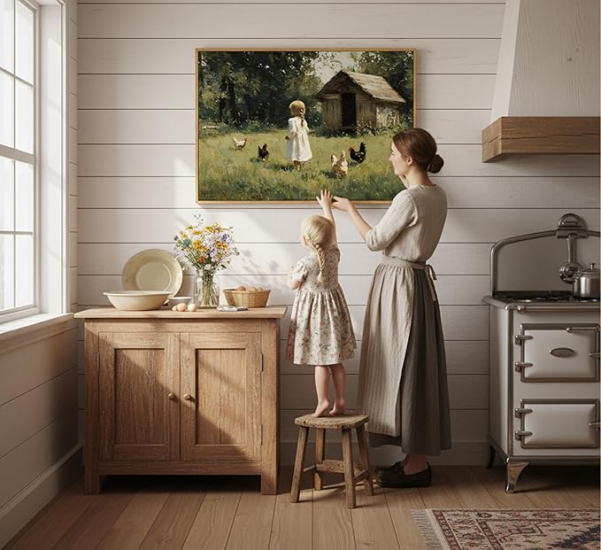 Framed Farm Girl Wall Art Vintage Farmhouse Kitchen Canvas Prints Rural Chicken Picture Artwork French Country Painting Wall Decor for Bedroom Living Room 12x16in