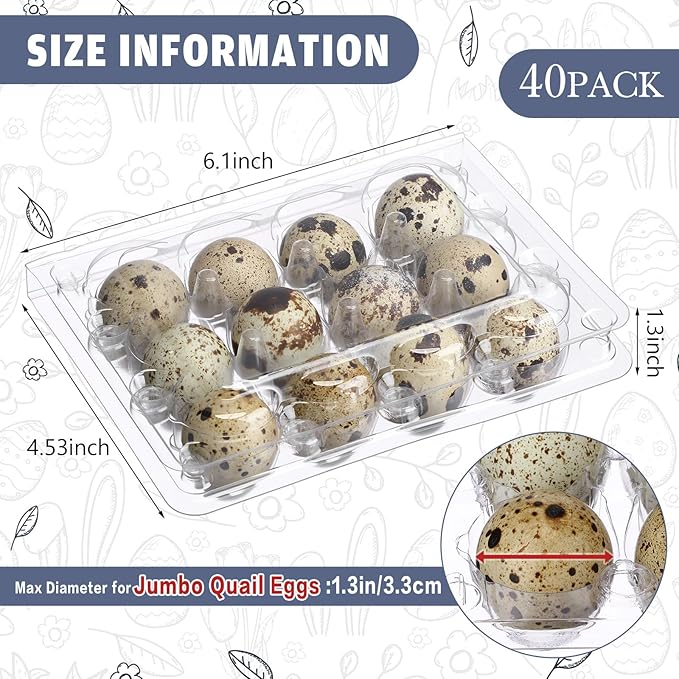 Remerry 40 Pcs Giant Quail Egg Cartons 12 Grids Clear Plastic Stackable Trays for Jumbo Quail Eggs, Pigeon Eggs, Small Poultry, Great for Home Fridge Storage, Farm, Market, Gift Box Packing