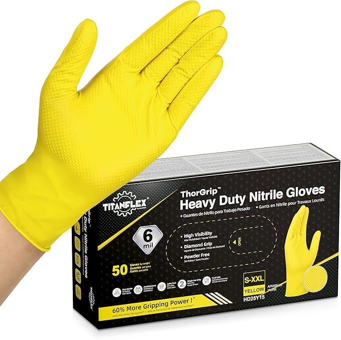 TitanFlex Heavy Duty Industrial Nitrile Gloves with Raised Diamond Texture, 6-mil, Latex Free (Dark Green/Yellow)