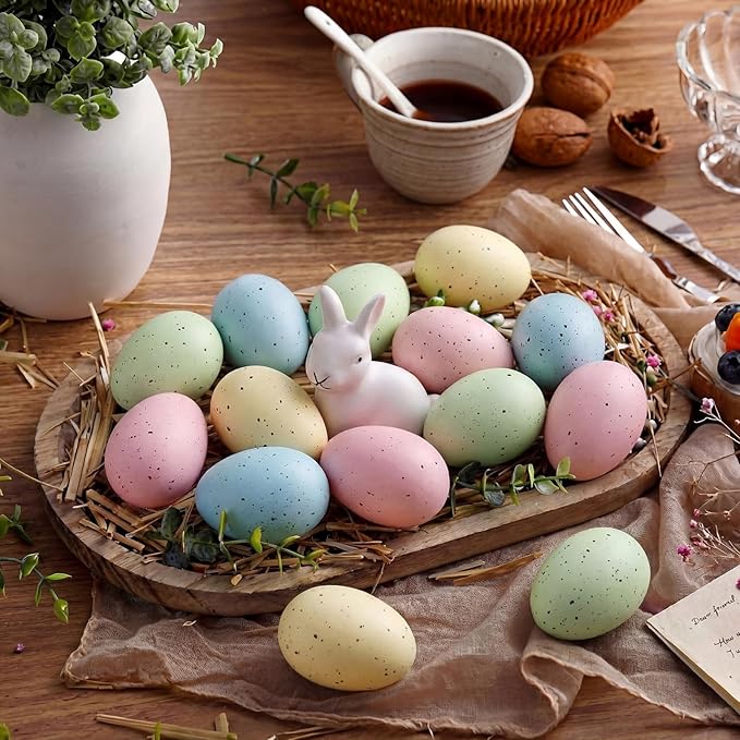 Gejoy 18 Pcs Easter Speckled Eggs Neutral Plastic Fake Chicken Eggs Pastel Textured Easter Decor Vintage Decorative Vase Bowl Fillers Farmhouse Spring Decorations for Home Table DIY Craft (Pastel)