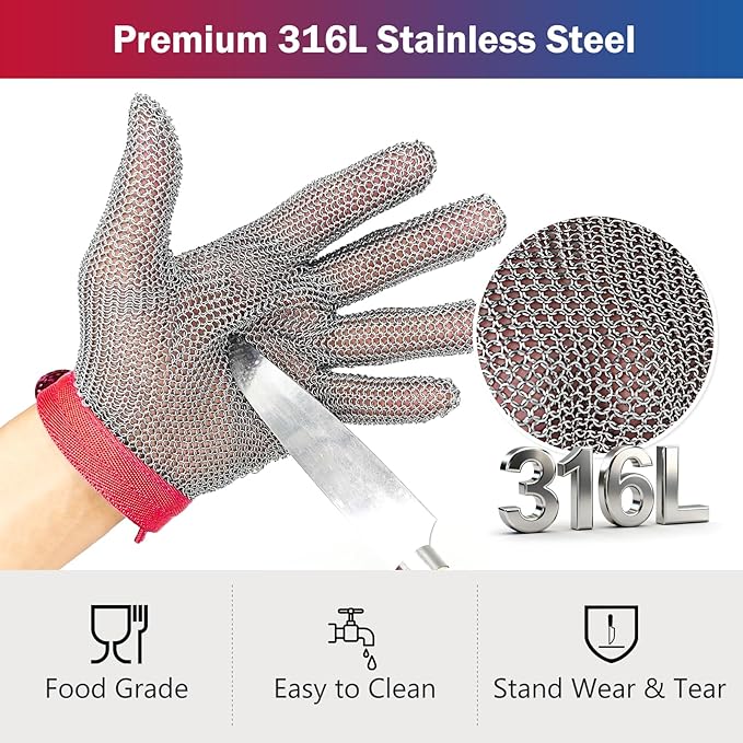 Pro Chainmail Gloves for Cutting Meat&Food,Highest Level Cut Resistant Gloves Food Grade,Upgrade Stainless Steel Metal Mesh Glove,Butcher Cut Proof Glove for Chefs Safety Work(XS)