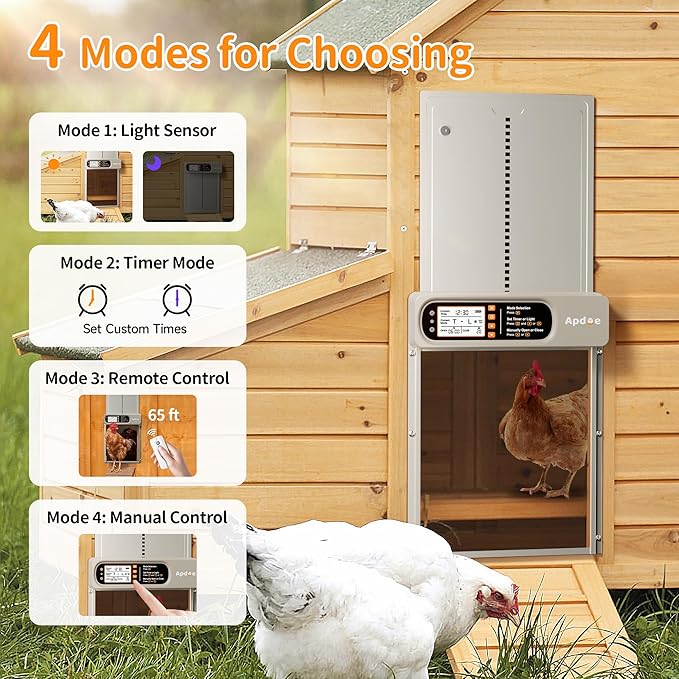 Automatic Chicken Coop Door Solar Powered with Timer, Light Sensor, Remote Control, Anti-Pinch, Waterproof, Aluminum Coop Door, 4 Auto Modes, Comfort Larger Size Duck Chicken Turkey House Door