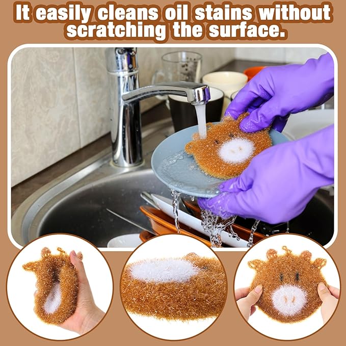 Breling 6 Pieces Sunflower Shape Dish Sponge Dual Sided Non Scratch Dish Washing Scrubbers, Reusable Household Cleaning Kitchen Tools for Dishwashing Washing Dishes Cookware(Cow)