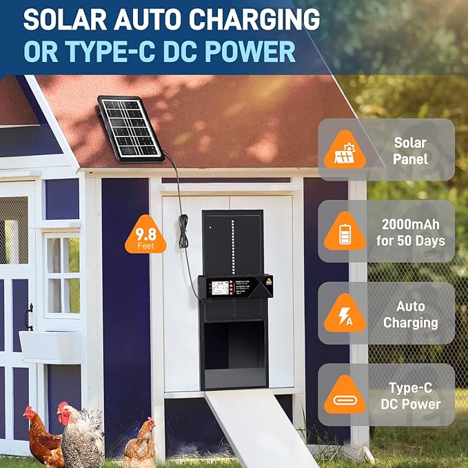 Large Solar Automatic Chicken Coop Door with Timer & Light Sensor, Aluminum Poultry Door with LCD Display, Remote Control & Manual Mode, Predator-Proof Auto Open Close Door for Chickens Ducks Hens