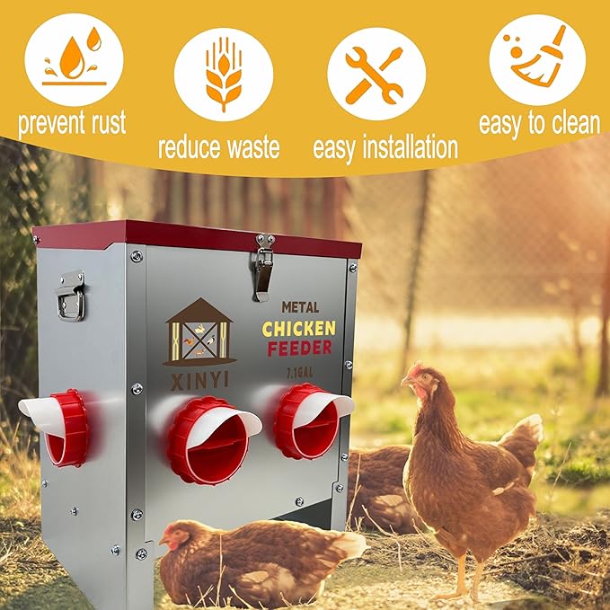 XINYI 7.1 Gallon Auto Chicken Feeder, 6 Ports Galvanized Chicken Feeder,Large Chicken Food Container No Waste & Rodent Proof Chicken Food Dispenser System, Weatherproof Duck Feeder