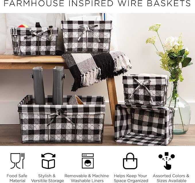 DII Farmhouse Chicken Wire Storage Baskets with Liner, Medium, Antique Lemon Print, 11x7.88x7", 2 Piece