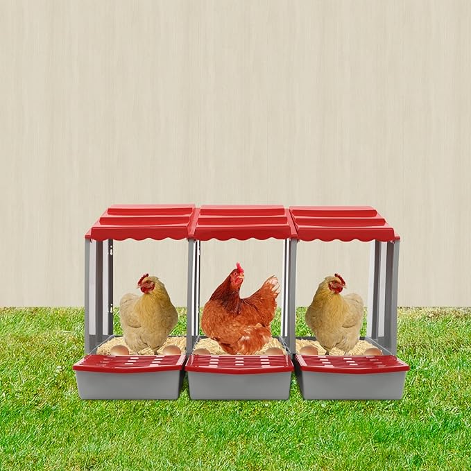 Chicken Nesting Boxes 3 Compartment PP Nesting Box with Inclined Nesting Boxes & Vented Holes Wall Mount Chicken Laying Boxes for Chicken Coop (Red)