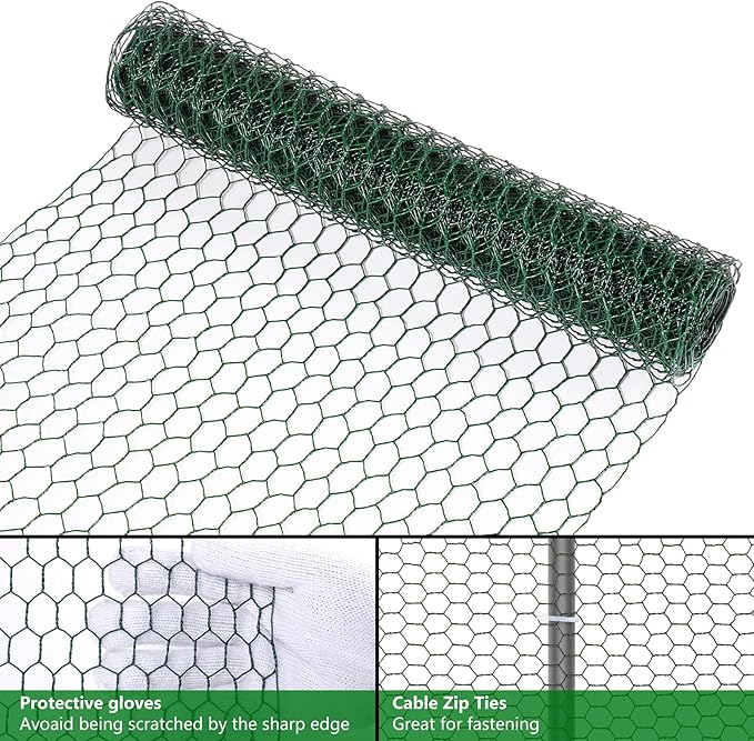 Aboofx Chicken Wire for Floral Arrangements 157.5 x 13.8 Inch Green Mesh Chicken Wire with 20 Zip Ties and 1 Pair of Glove Hexagonal Galvanized PVC Coated Netting Fence for Crafs Poultry Garden