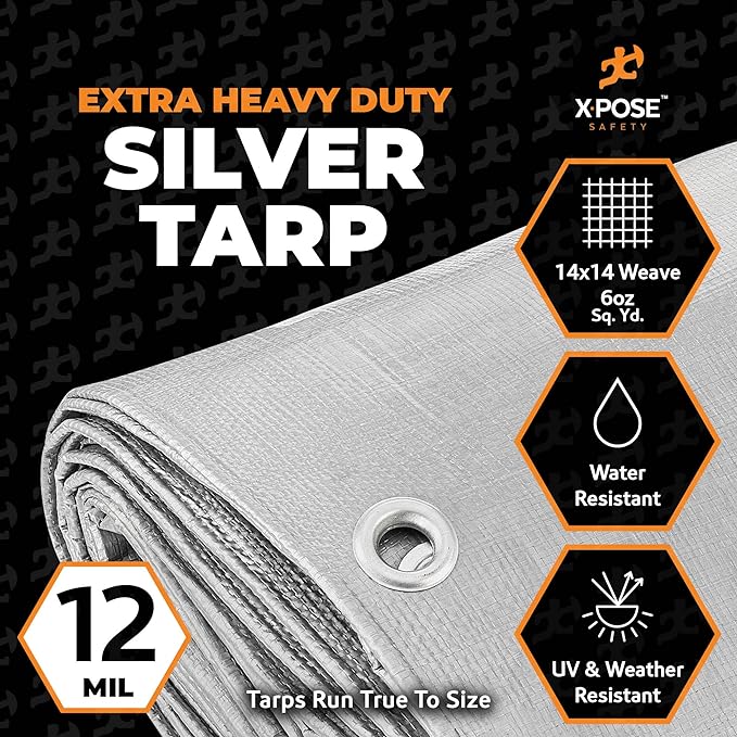 Heavy Duty Silver Poly Tarp 20' X 30' - Multipurpose Protective Cover - Durable, Waterproof, Weather Proof, Rip and Tear Resistant - Extra Thick 12 Mil Polyethylene - by Xpose Safety