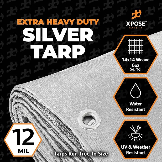 Heavy Duty Silver Poly Tarp 18' X 24' - Multipurpose Protective Cover - Durable, Waterproof, Weather Proof, Rip and Tear Resistant - Extra Thick 12 Mil Polyethylene - by Xpose Safety