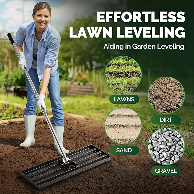 Lawn Leveling Rake Heavy Duty 30x10 Inch, Reinforced Welds, 73" Adjustable Leveler Tool with Stainless Steel Handle for Lawns, Backyard, Garden, Golf Course, Farm, Level Soil or Dirt Ground Surfaces