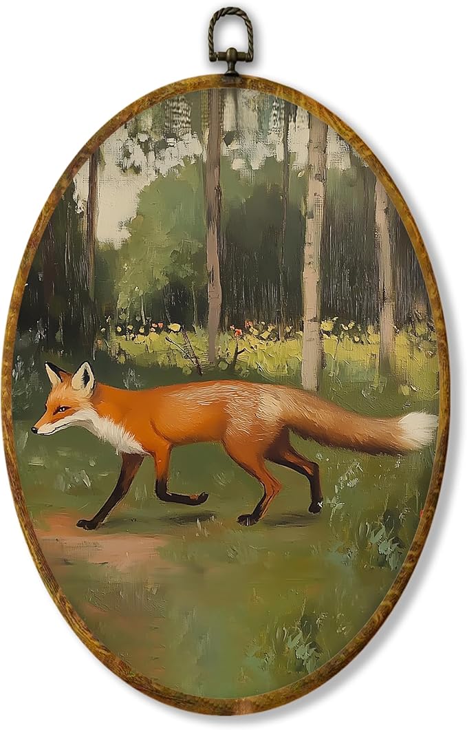 Hiuwevt Rustic Forest Fox Oval Wall Art Decor, Nature Woodland Fox Framed Canvas Prints, Mild Wildflower Grass Wild Animal Oval Wall Hanging Decor for Home Bedroom Decorations, 8.6x11.4 Inches