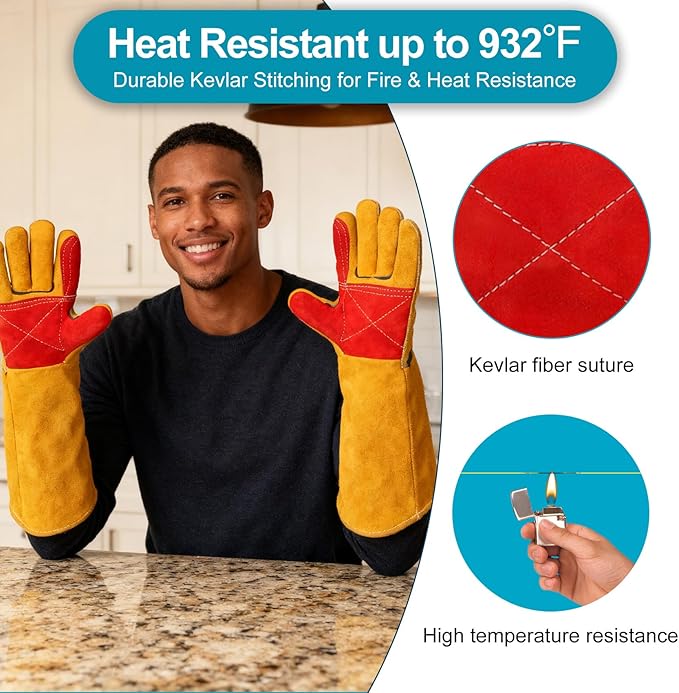Welding Gloves 23.6" Heat-Resistant Leather, Long Gauntlet Forearm Protection for TIG/MIG, Also for Animal Handling
