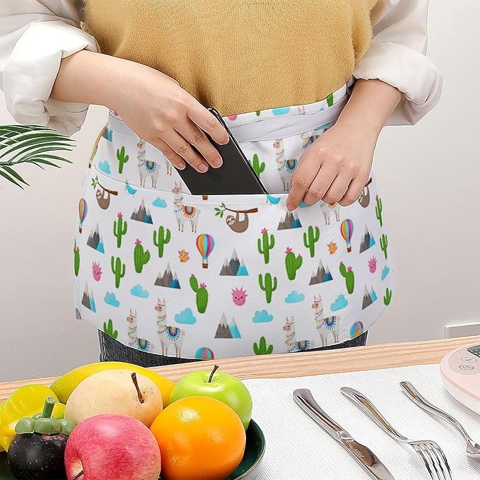 Unisex Chef Waiter Apron Waist Half Short Serving Aprons with 3 Pockets