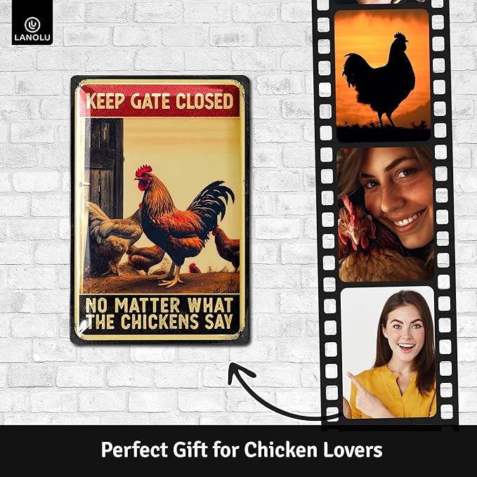 Vintage Tin Sign - Gates Closed Chickens, Decor for Coop & Outdoor, Chicken Lover Gifts, Metal Signs 12x8