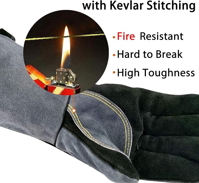 14 Inches,932℉,Leather Welding Gloves small, Heat/Fire Resistant,Small Mitts for BBQ,Oven,Grill,Fireplace,Tig,Mig,Forge,Baking,Furnace,Stove,Pot Holder,Animal Handling Glove.S Black-gray