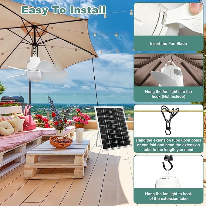 Solar Ceiling Fan Light, 20000mAh Portable Gazebo fan with 30W Solar Powered Fan with Remote Control, Outdoor Ceiling Fan with Light for Patios, Canopy, Shed, RV, Porch and Chicken Coop
