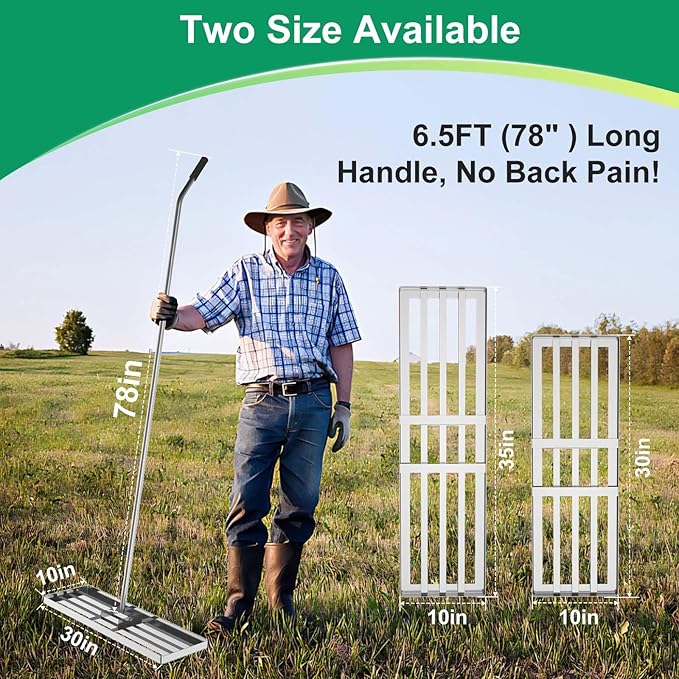 Lawn Leveling Rake 30x10 inch, Lawn Leveler Tool with 6.5ft Handle Rakes, 304Stainless Steel Yard Leveling Rake, Heavy Duty Soil Landscape Rake for Backyard, Garden, Farm, Pasture, Golf Course
