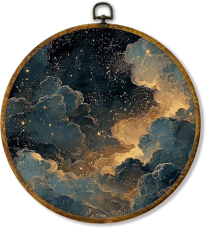 Hiuwevt Vintage Moody Gothic Celestial Round Wall Art Decor, Dark Academia Framed Canvas Prints, Blue Gold Starry Night Sky Round Wall Hanging Decor for Bedroom Home Decorations, 10x10 Inches
