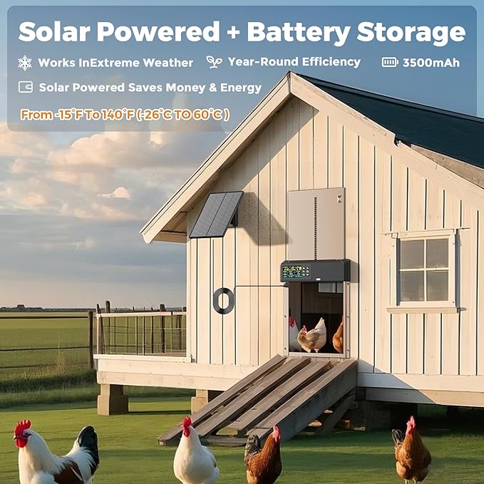 Automatic Chicken Coop Door Solar Powered with Remote Control, Timer and Light Sensor, 5 Modes, Color LCD Display, Aluminum Chicken Door with Adjustable Anti-Pinch