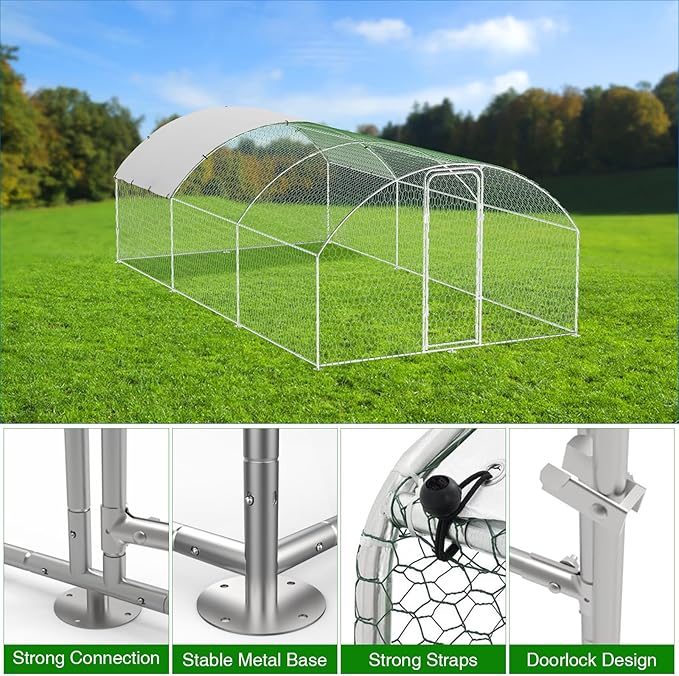 Garvee Metal Chicken Run, 9.8 x 19.7 x 6.6 Ft Metal Chicken Coop for Yard with Waterproof and Anti-Ultraviolet Cover, Dome Roof Walk in Chicken House, Poultry Cage for Hen, Duck and Rabbit