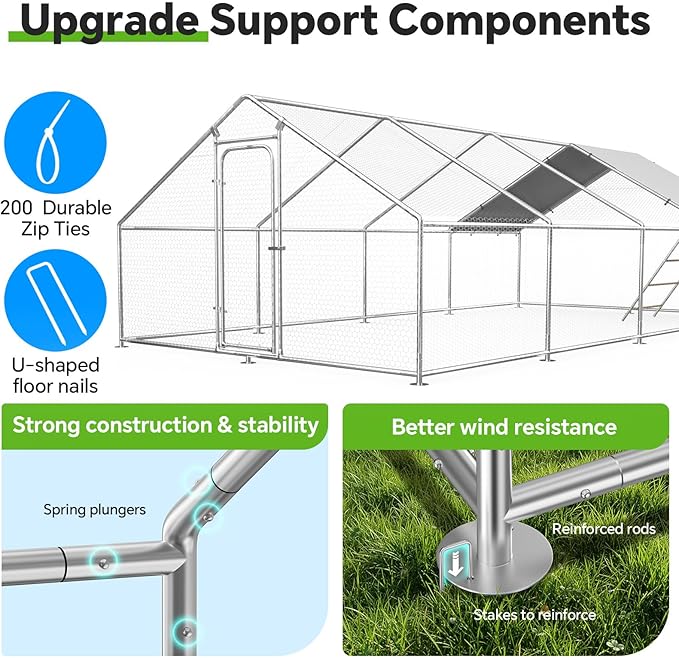 Large Metal Chicken Coop Run with Roosting Perch– Outdoor Waterproof & UV-Resistant Cover for Chickens, Ducks, Rabbits, and Hens in Yard or Farm Use Spire Roof(13.1'Wx26.2'Lx 6.5'H)
