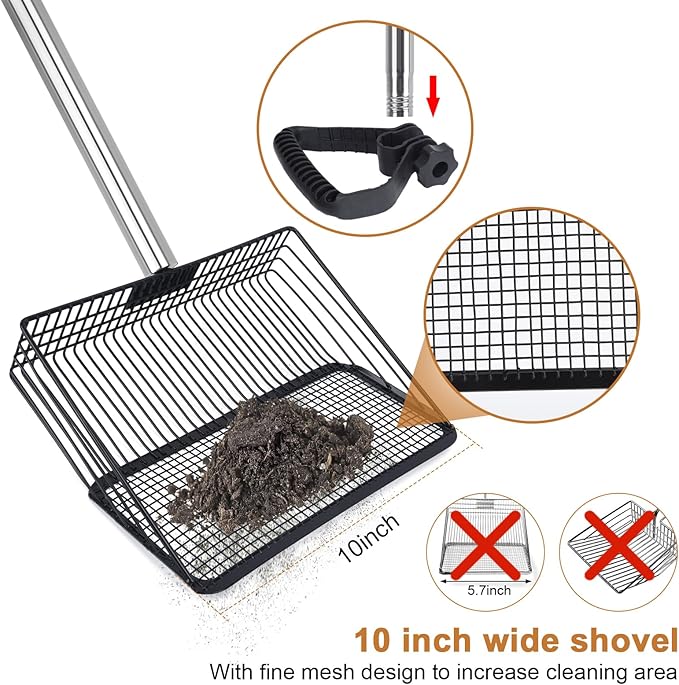 10in Wide Stainless Steel Chicken Poop Scooper with Adjustable Handle,36"-62" Long,Detailed mesh Design,Easy to Use Cleaning Tool for Chicken Coop, Sand Sifting