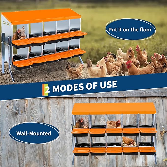10-Hole Chicken Nesting Box, Roll Away Nest with Removable Tray, Rustproof Galvanized Steel, Easy Egg Collection & Cleaning, Wall-Mount Design - Orange