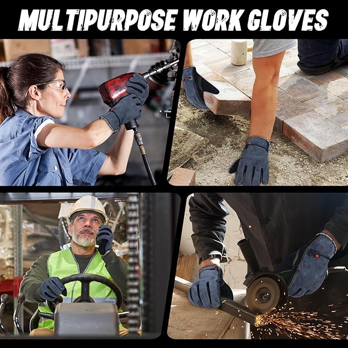 HLDD HANDLANDY 2 Pairs Leather Work Gloves for Men & Women, Reinforced Durable Palm for Welding, Farm, Gardening, Driving