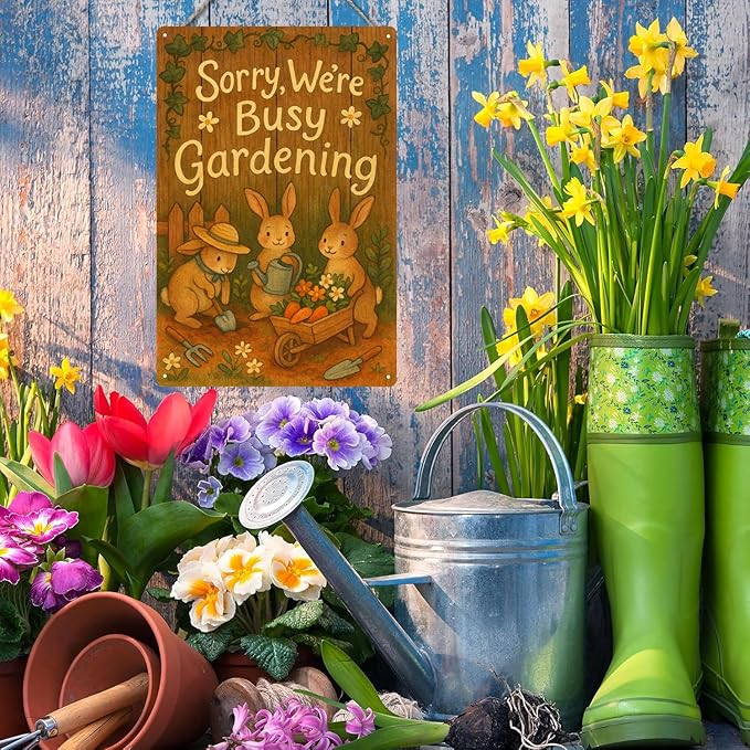 Metal Garden Signs for Outside - Sorry We’re Busy Gardening Sign, Funny Yard Decorations Outdoor with Cute Bunny Gardening Design for Patio, Flower Bed, Greenhouse Gifts for Women -8 x 12 Inch