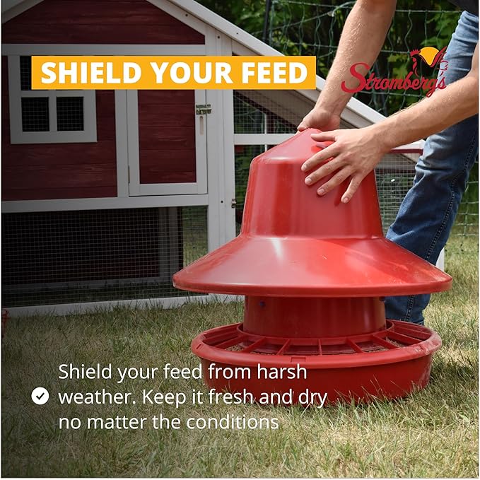 Stromberg's 50 lb Rain Shield Feeder, Large Capacity Range Feeder, Durable One-Piece Plastic Lid and Shield, Easy-Fill Design, Feed-Saving Grill, 24" Overall Height, 22" Pan Diameter