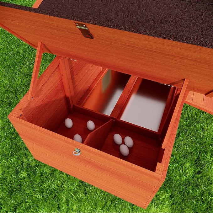 Wooden Chicken Coop for 2-4 Chickens, Large Outdoor Chicken House with Dual Nesting Boxes, Free Range Doors, Leakproof Pull Out Tray, Poultry Hutch for Backyard, Brick Red