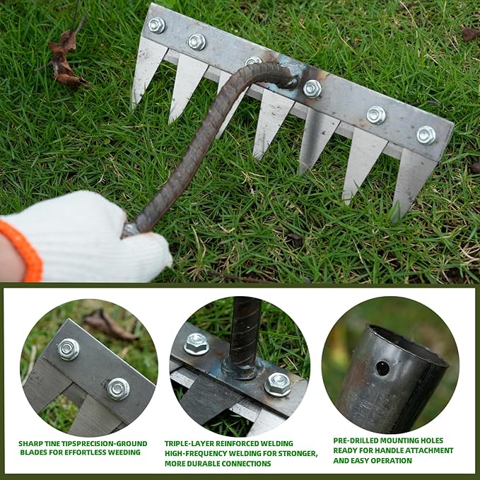 Weeding Rake for Gardening, Gardenia Iron Rakes for Backyard, Lawn, Small Farm, Rake with Sharp Metal Teeth，Heavy Duty Garden Tool for Weeding Without Handles (7 Tines)