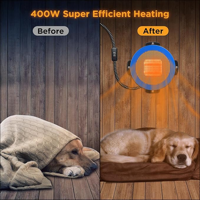 TURBRO Neighborhood Dog House Heater 400W, Wall Mount, 10ft Anti Bite Cord, Waterproof Control, Overheat Protection, Electric Warmer for Hound Kennel Cat Cage Chicken Coop, UL Test Passed, Blue