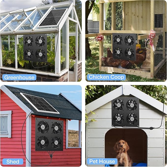 Solar 4 Fan Kit, Waterproofed Solar Powered Fans for Outdoor Chicken Coop, Greenhouse & Shed Intake or Exhaust Air