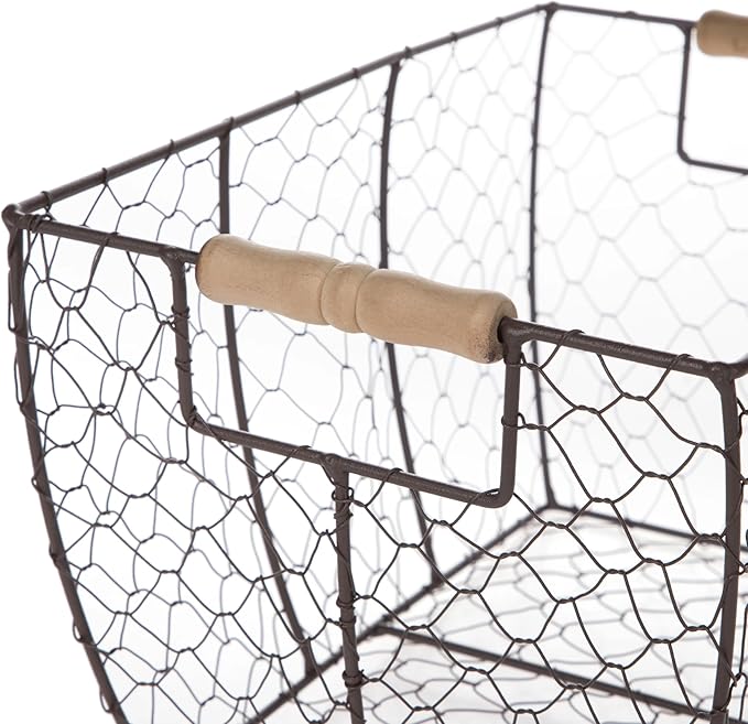 2-Pack Decorative Brown Chicken Wire Baskets with Wooden Handles – Multi-Purpose Storage, 12.2" L x 8" W x 7.28" H