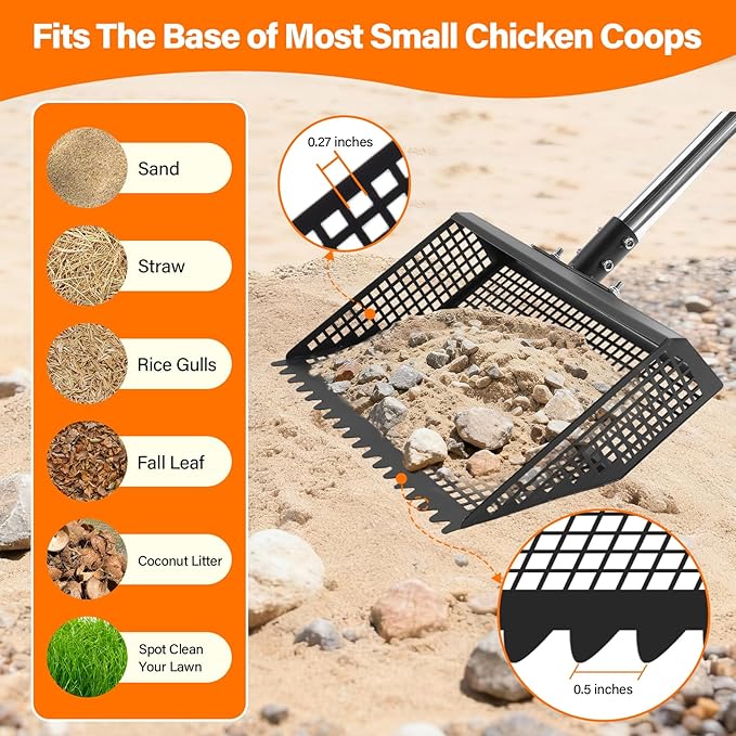 AsFrost 2-in-1 Chicken Poop Scooper & Rake,12" Heavy Duty Litter Scooper Sand Sifting Shovel for Chicken Coop & Pet Waste Cleaning, Adjustable 26" to 76" Stainless Steel Handle for Small Farm & Sand