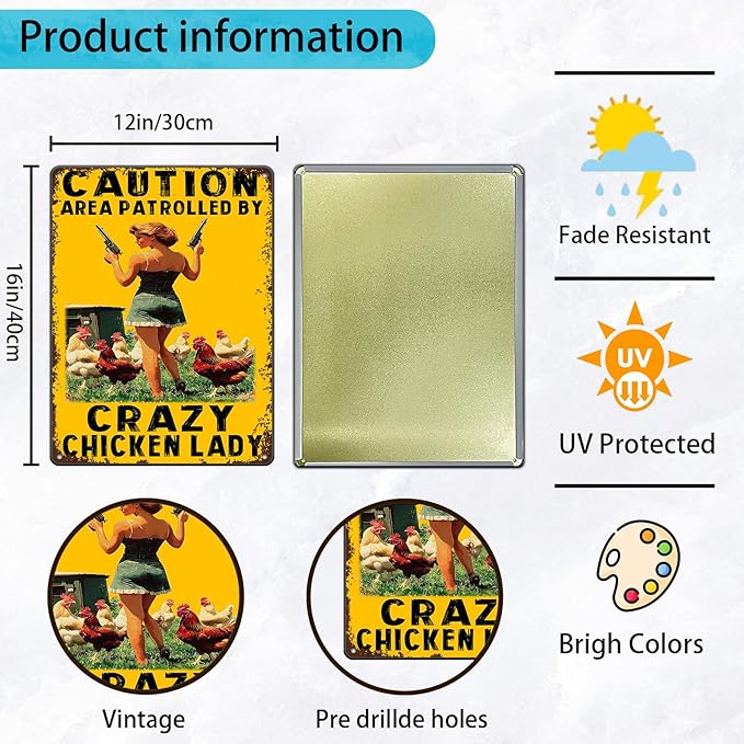 Funny Chicken Metal Sign Vintage Caution Area Patrolled By Crazy Chicken Lady Tin Signs Farm Coop Wall Decor Farmhouse Kitchen Home Garden Yard Hen Tin Poster 12x16 Inch