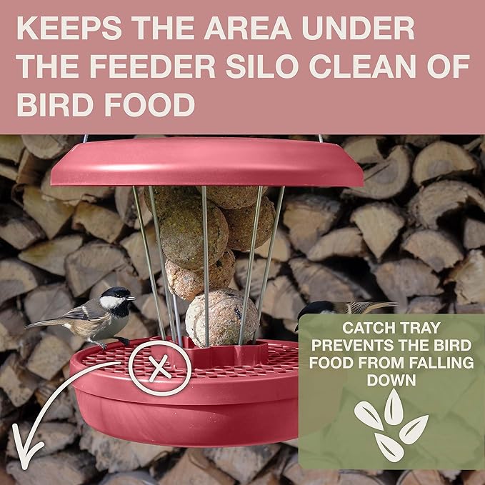 SWISSINNO Bird Feeders - No Mess Fat Ball/Suet Feeder for Outdoors Hanging - Smart Birds Lucerne Spill Proof Wild Cardinal Bird Feeder with Integrated Seed Catcher Tray - Dusty Rose