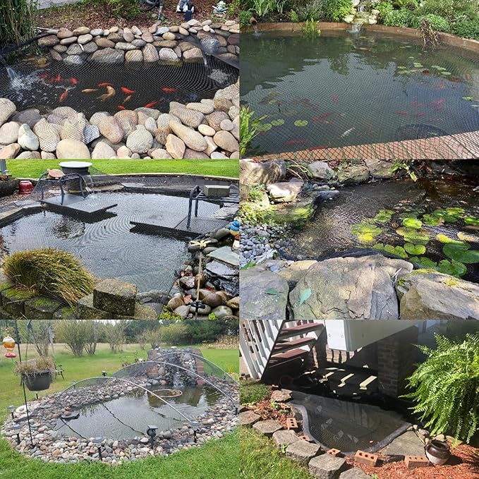 50x50ft Pond Netting for Leaves Leaf Net Cover Pond Net with Small Fine Mesh Protecting Koi Fish from Birds Cats Stakes Included