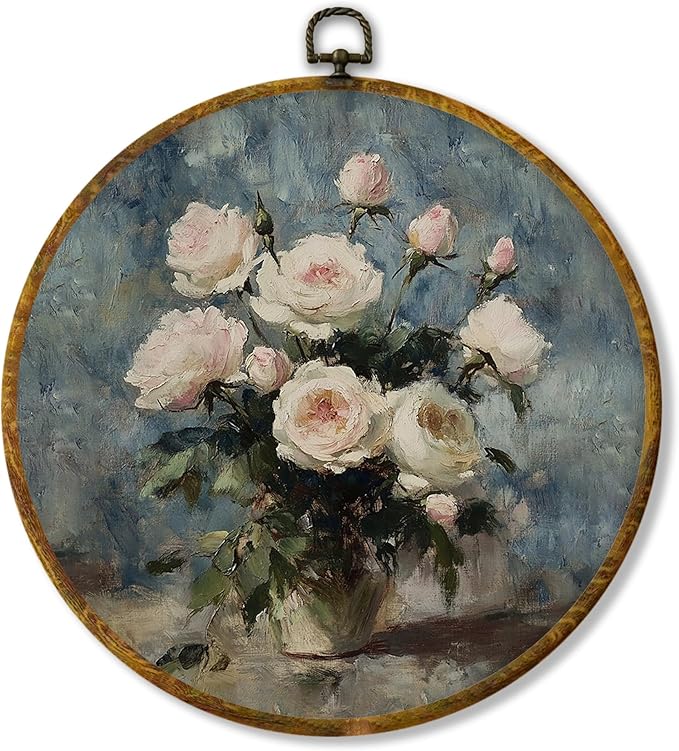 Hiuwevt Vintage Pink Rose Round Wall Art Decor, Cottagecore Moody Floral Framed Canvas Prints, Rustic Country Floral Round Wall Hanging Decor for Home Bedroom Living Room Decorations, 10x10 Inches